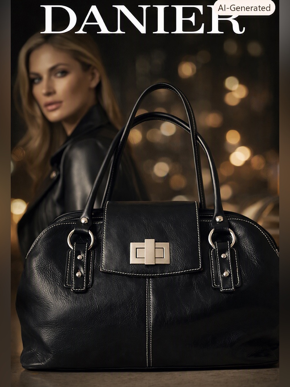 Danier Black Leather Y2K Satchel Handbag with Silver Turn-Lock Closure purse